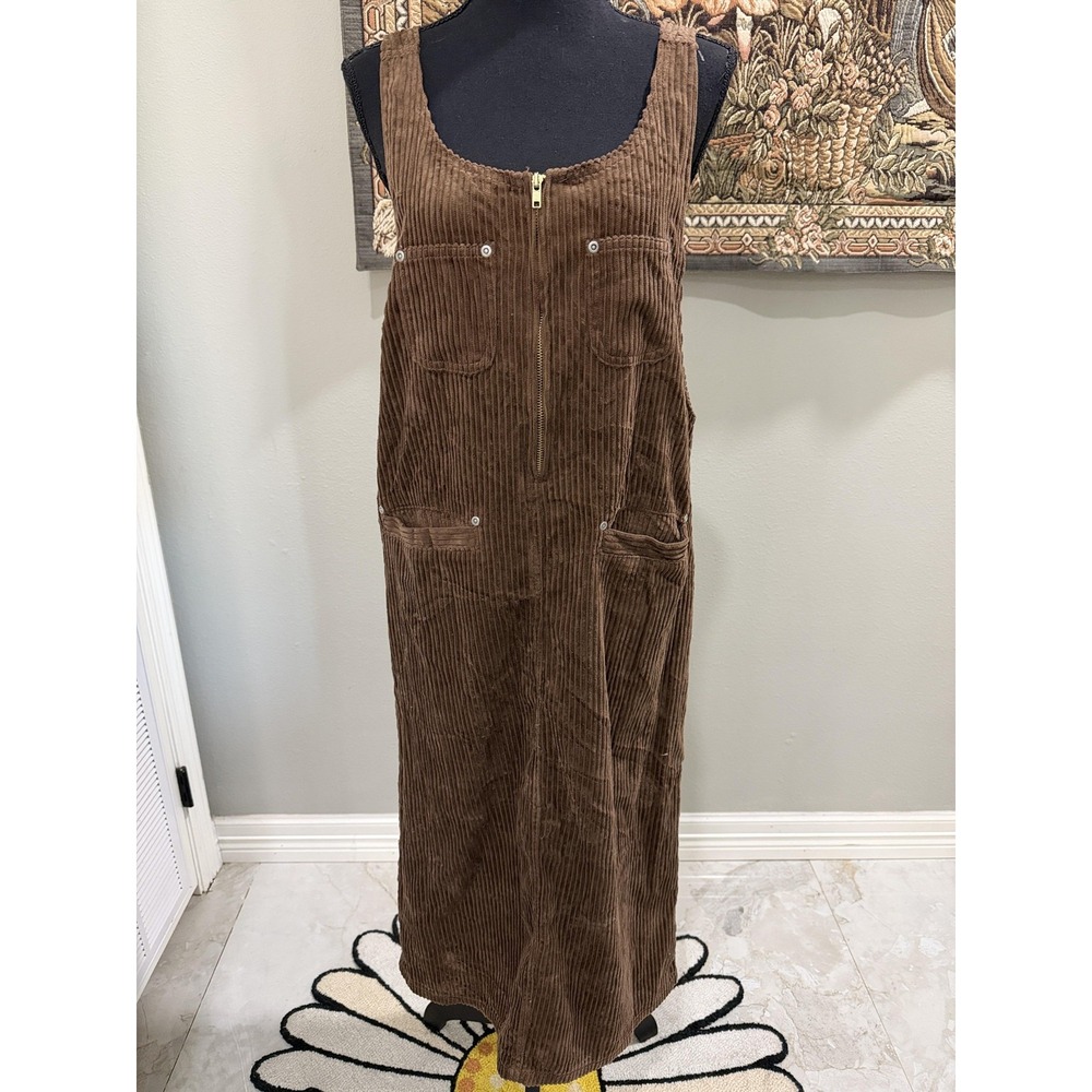 On Fete Dress Womens Medium Brown Corduroy Overall Zip Front Pockets Long Maxi